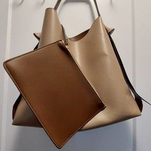 TWENTY-NINE Faux Leather Two-Tone Tote Bag w/Zippered Purse  Brown/Taupe Large